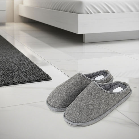 Mens Slip On Fleece Faux Fur Mule Slipper - Grey